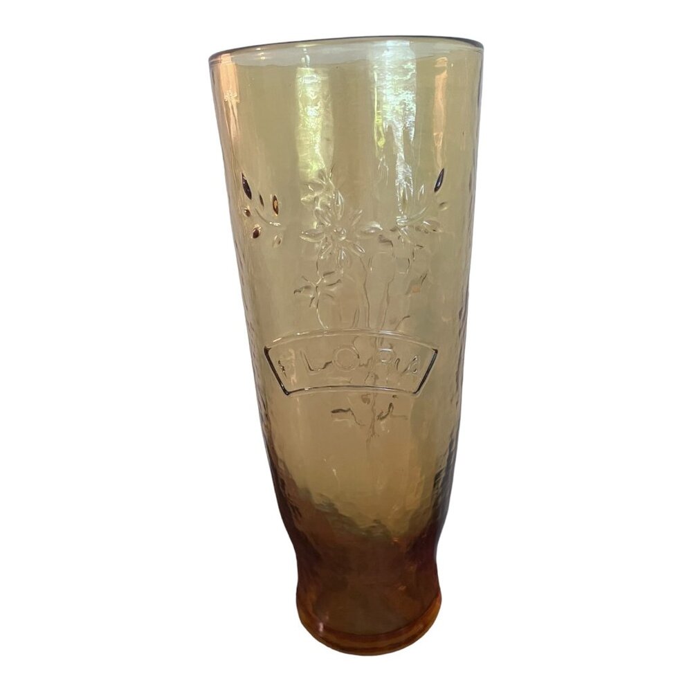 Amber Glass Vase With Floral Embossed Design Hand Blown 12" Tall Elegant Decor.